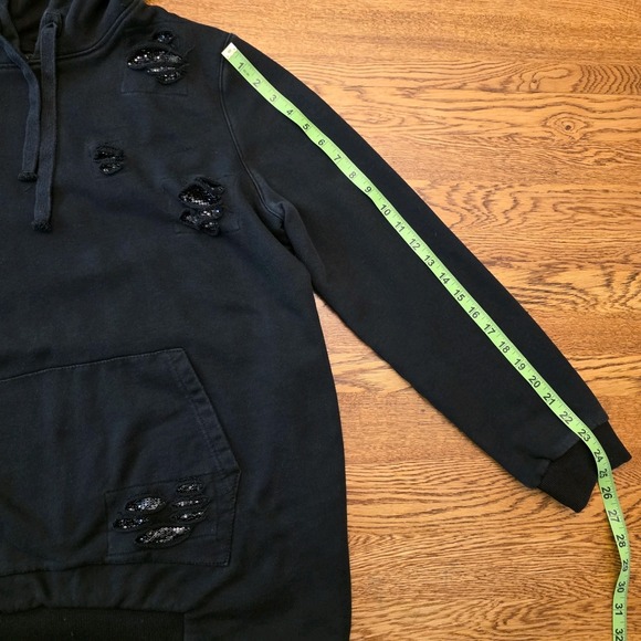 La La Anthony M Hoodie Distressed Black With Sequins Pullover Shoulder Cutout - Picture 7 of 16
